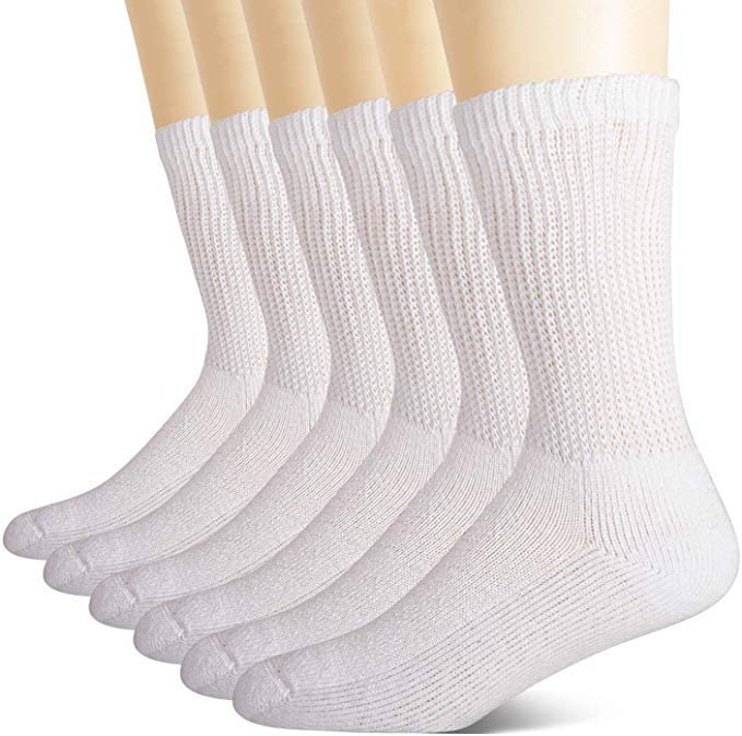 MD Non-Binding Diabetic Socks for Men Women-6 Pairs Medical Circulatory Crew Socks with Cushion Sole White 10-13