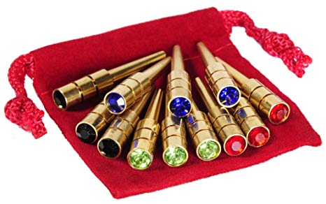 Metal Cribbage Pegs, Jewel Top, Set of 12, in Four Rhinestone Colors || 1 5/16” Tall; Tapered to Fit 1/8 Holes || Bonus RED Velveteen Drawstring Storage Pouch