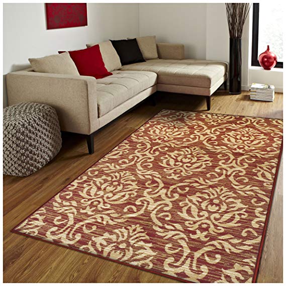 Superior Fleur de Lis Collection Area Rug, Elegant Scrolling Damask Pattern, 10mm Pile Height with Jute Backing, Affordable Contemporary Rugs - Red, 5' x 8' Rug