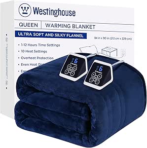 Westinghouse Heated Blanket Queen Size, Electric Heating Blanket with 10 Heating Levels, 1-12 Hours Auto Shut Off, Fast Heating Warming Blanket, Machine Washable (Queen,84x90 Inches,Navy Blue)