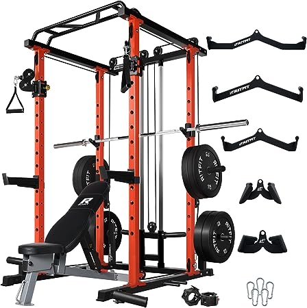RitFit Squat Rack Power Cage Home Gym Package, Includes 1000LBS Power Rack with Optional LAT Pull Down or Cable Crossover System, Weight Bench, Rubber/Bumper Plates Set with Olympic Barbell