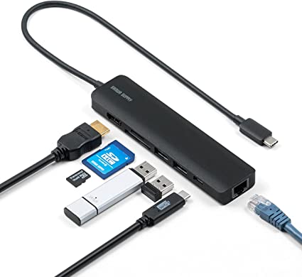 サンワダイレクト Type-C ドッキングステーション 7-in-1 HDMI(4K/60Hz) PD 100W 有線LAN SD/microSDカードリーダー USB3.2(Gen1)×2ポート 400-HUB090BK