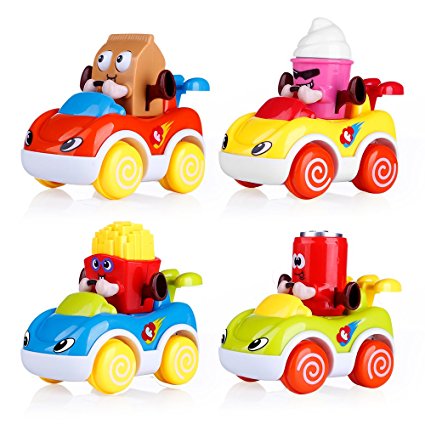 VATOS Set of 4 Toddler Toys Vehicles, Friction Powered Cars, Cartoon Push and Go Car Toy Play Set, Early Educational Toys for 1-4 Years Old Boys and Girls