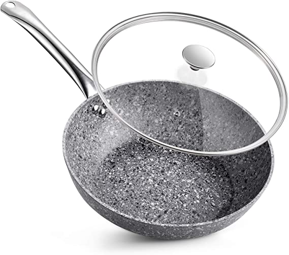 Nonstick Frying Pans - CSK Frying Pan Granite Skillet with Lids, Stir Fry Pans with APEO and PFOA-Free Stone Earth Coating, Aluminum Alloy Fry Pan with Handle (Frying Pan, 12 inch-Gray)