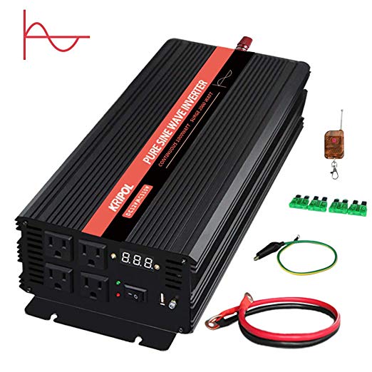 KRIPOL Pure Sine Wave Power Inverter 1000 Watt -12V DC to 110V AC Car Power Inverter with 4 AC Outlets & One 2.1AH USB Output-Wireless Remote and LED Display-Peak Power 2000W