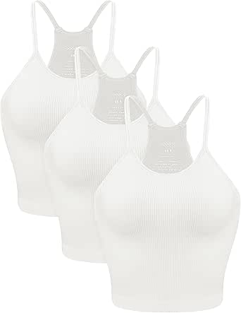 ODODOS Women's Crop 3-Pack Washed Seamless Rib-Knit Camisole Crop Tank Tops