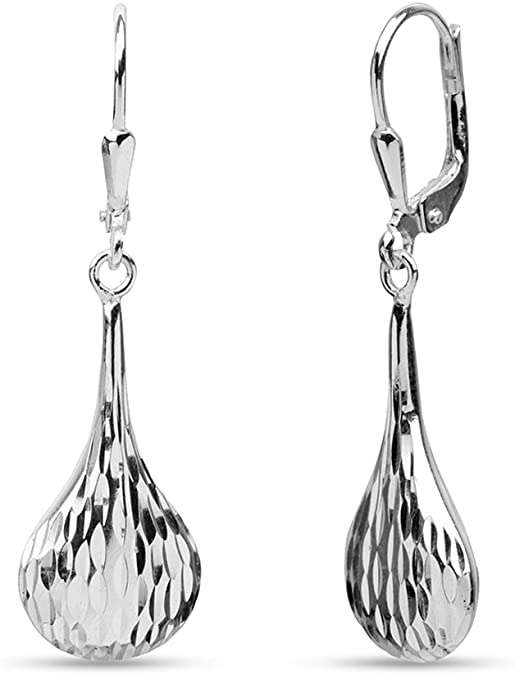 LeCalla Sterling Silver Jewelry Diamond-Cut Tear-Drop Leverback Earrings for Women Girl