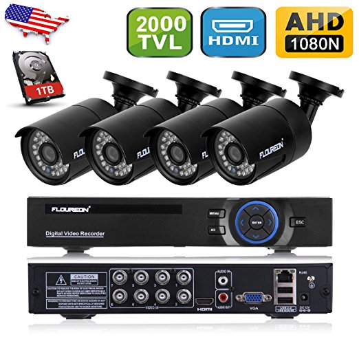 Floureon AF-C005 1X 8CH 1080N AHD DVR   4X Outdoor Waterproof 2000TVL 960P 1.3MP Camera   1TB HDD Security Kit Support Motion Detection Remote Access