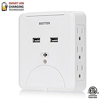 Bestten 6 Outlet Wall Mount Surge Protector with 2.1A Dual USB Charging Ports and Cell Phone Holders