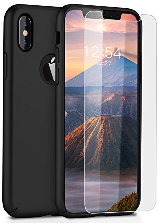 iPhone X Case, BASSTOP Slim Fit Shell Hard PC Full Protective Cover Case With Tempered Glass Screen Protector for Apple iPhone X (Black)