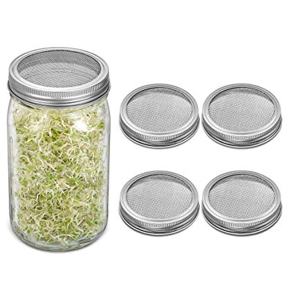 4 Pack Sprouting Lids, Rust Resistant Stainless Steel Strainer Lid for Wide Mouth Mason Jars Canning Jars, Sprouting Jar Lid Kit for Growing Organic Sprout Seeds in House/Kitchen