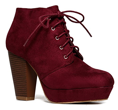 Lace up Platform Stacked Chunky Heel Bootie – Pull on Suede Boot - Black Leopard Red Wine Tan lita Ankle