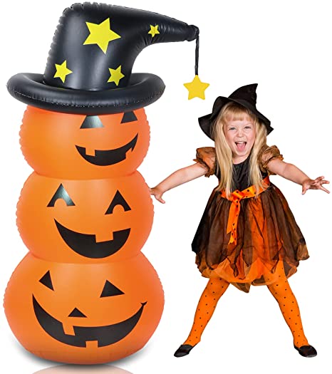 Halloween Inflatables Pumpkin Decorations Outdoor, 4.6 Ft Pumpkin Tumbler Inflatable Yard Decoration with Witch Hat, Outside Yard Party Halloween Decorations