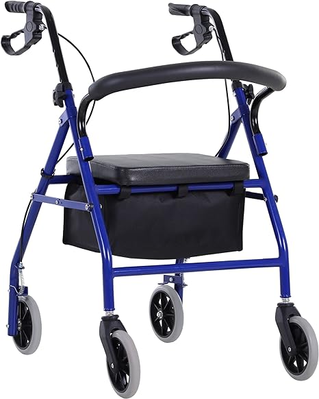 HOMCOM Déambulateur 4 roues - déambulateur pliable léger - assise   dossier rembourré - poignées ergonomiques, freins à main - panier rangement - métal bleu