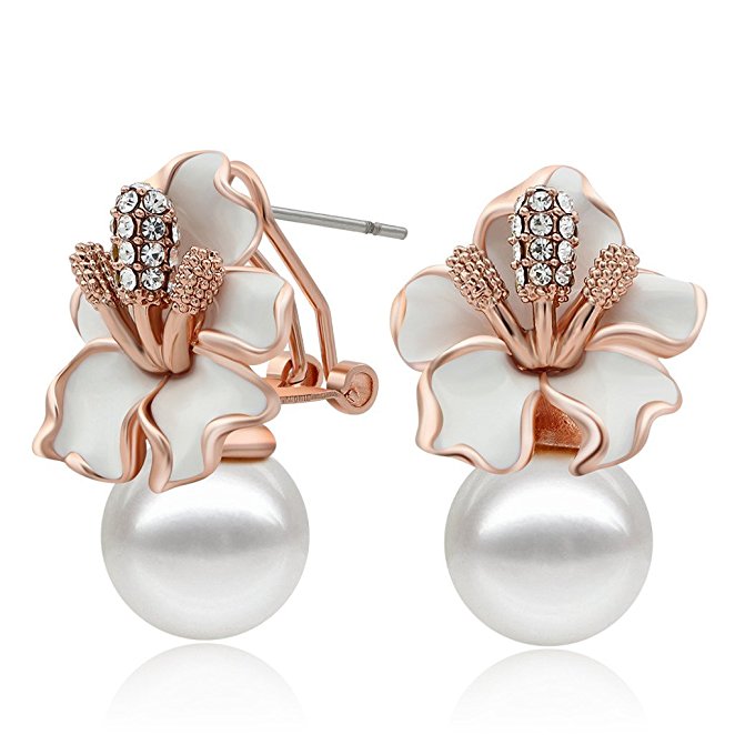 Kemstone Rose Gold Plated Crystal Accented Simulated Pearls White Acrylic Flower Stud Earrings for Women