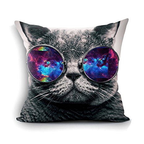 Galaxy Hipster Cat Theme Funny Cat Wear Color Sunglasses Soft Custom Rectangle Pillowcase Pillow Case Covers Standard Size 18X18 (Two Side)- Gift for Men,Women,Dad,Mom,Uncle,Sister,Friend.