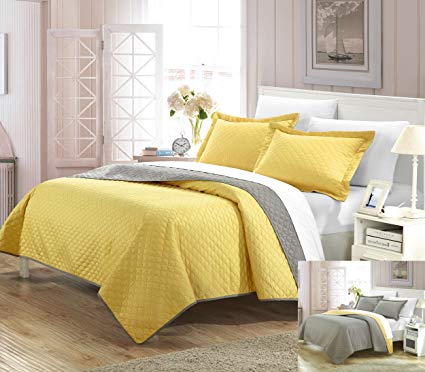Perfect Home 3 Piece Jasper Reversible Color Block Modern design Quilt with Shams Set, King, Yellow
