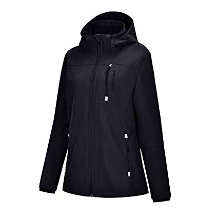 Women's Softshell Jacket with Removable Hood, Fleece Lined Waterproof Windproof Outdoor Cycling Hiking Coat