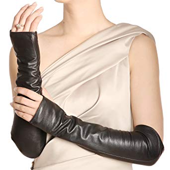 Warmen Women Genuine Nappa Leather Elbow Long Fingerless Driving Gloves ARM Warmer