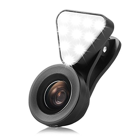 Cell Phone Lens,LANMU 3 in 1 Clip-on Cell Phone Lens with Adjustable Brightness LED Fill Light,15X Macro Lens,0.4X-0.6X Wide Angle Lens,HD Camera Lens for iPhone 7,6, Android Smartphones and Tablets