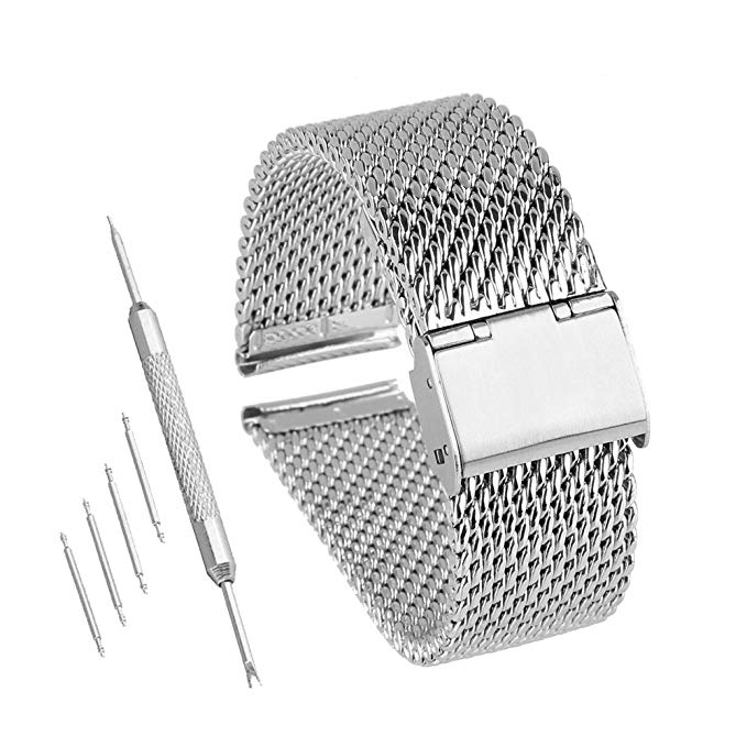 Bewish 18mm-24mm Stainless Steel 1mm Mesh Watch Band Replacement Strap Adjustable Hook Buckle Silver (18mm)