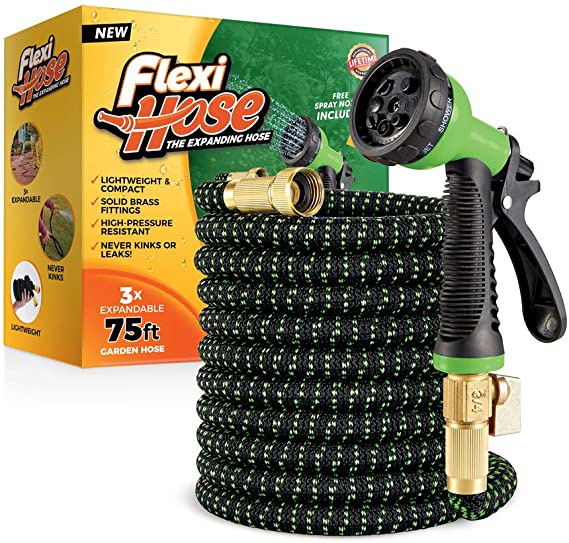 Flexi Hose Lightweight Expandable Garden Hose | No-Kink Flexibility - Extra Strength with 3/4 Inch Solid Brass Fittings & Double Latex Core | Rot, Crack, Leak Resistant (75 FT, Green/Black)