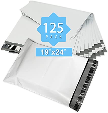 19x24 Inch 125Pcs 2 Mil White Poly Mailers Bulk Envelopes Shipping Bags Self Sealed Waterproof and Tear-Proof Postal Expandable Polyethylene Package for Business Shipping