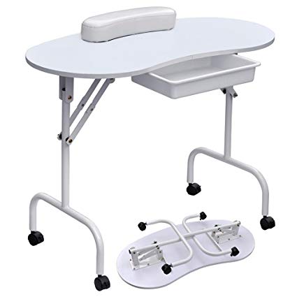 Yaheetech 37''L Portable & Foldable Manicure Table Nail Technician Desk Workstation with with Client Wrist Pad/Lockable Wheel/Free Carrying Case, White