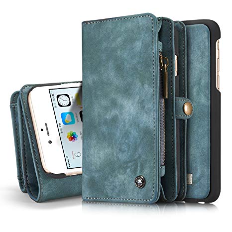 XRPow iPhone 6s Plus Detachable Wallet Case 2In1 Multi-Functional Removable Magnetic Back Cover 11 Card Slots & 3 Cash Pocket Premium Folio Zipper Wallet Case for iPhone 6 Plus/6s Plus 5.5" BLUE