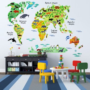 Educational Animal World Map Wall Stickers - DIY Removable Peel and Stick Wall Art Home Decor - EveShine Vinyl Wall Decal Mural for Kids Children Room Bedroom Living Room Decoration