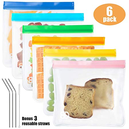 Reusable Sandwich Bags (6-Pack Large Size),Wattne Reusable Leakproof Ziploc Kids Snack Bags, FDA Grade PEVA Biodegradable Storage Baggies for Food, Lunch, Make-up (  3 Metal Straws   1 Straw Brush)