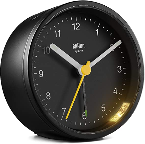 Braun Classic Analogue Alarm Clock with Snooze and Light, Quiet Quartz Movement, Crescendo Beep Alarm in Black, Model BC12B.