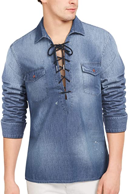 COOFANDY Mens Denim Shirts Casual Long Sleeve Hippie Polo Shirt with Pockets