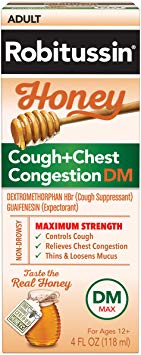 Robitussin Honey Adult Maximum Strength Cough   Chest Congestion DM Max, Non-Drowsy Cough Suppressant & Expectorant, Real Honey, 4 fl. oz. Bottle