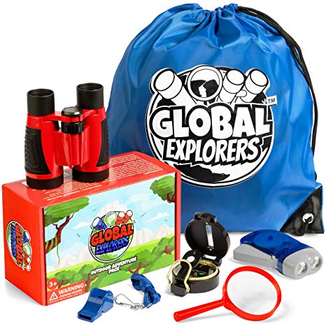 Global Explorers Outdoor Exploration Kit for Adventure Kids Binoculars, Flashlight, Compass, Whistle, Magnifying Glass, Backpack. Educational Gift Set for Hiking and Camping