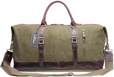 Iblue Genuine Leather Trim Travel Tote Duffel Garment Gym Shoulder Handbag Canvas Overnight Weekender Bag Large#B003