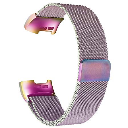 POY Metal Replacement Bands Compatible for Fitbit Charge 3 and Charge 3 SE Fitness Activity Tracker, Milanese Loop Stainless Steel Bracelet Strap with Unique Magnet Lock for Women Men