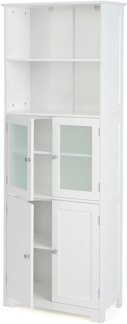 COSTWAY Tall Bathroom Storage Cabinet, Freestanding Kitchen Pantry Storage Cabinet with Glass Doors and Adjustable Shelf, 64” Wooden Linen Floor Cabinet for Bathroom, Living Room, Kitchen (White)