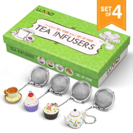 Loose Leaf Tea Infuser (Set of 4) - Tea Ball Food Grade Stainless Steel - With Cute Hand Painted Charm - Make Your Perfect Cup of Tea