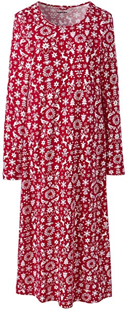 Lands' End Women's Plus Size Supima Cotton Long Sleeve Midcalf Nightgown - Print