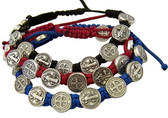 Saint Benedict Evil Protection Medal on Adjustable Cord Bracelet, Set of 3, 8 Inch