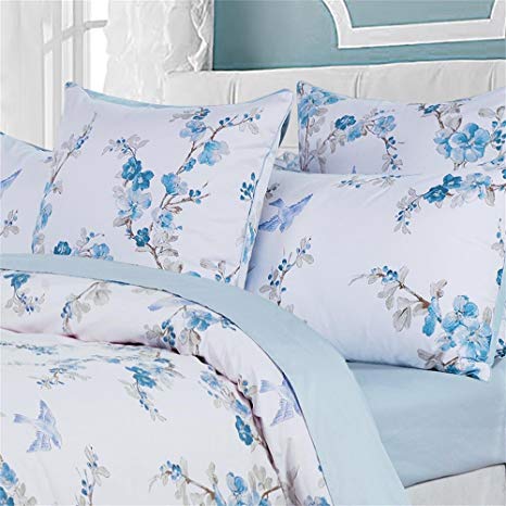 Brandream Duvet Cover King Floral Beddding Set Vintage Style Tree Blossom Birds with 100% Egyptian Cotton Quilt Comforter Cover Set(King,Blue)