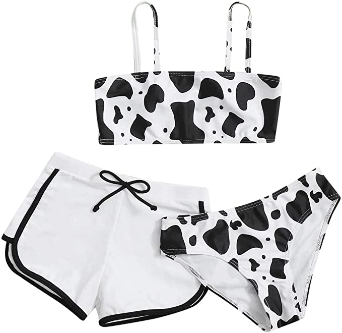 Sinohomie 3 Pieces Infant Kids Girls Solid Cow Print Swimsuit Summer Split Mid Waist Swimwear Bikini Outfits