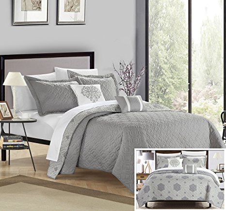 Chic Home 5 Piece Zoe Hexagon Quilted Embroidered With Contemporary REVERSIBLE printed backside Queen Quilt Set, Shams and decor pillow Grey