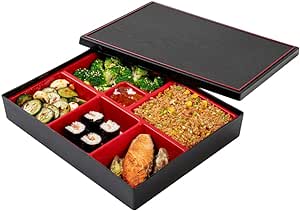 Restaurantware Bento Tek Rectangle Black & Red Large Japanese Style Bento Box - 6 Compartments - 12 1/4" x 9 3/4" x 2 1/4" - 1 count box