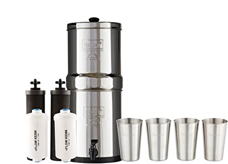 Travel Berkey Water Filter System w/2 Black Purifier Filters (1.5 Gallon) Bundled w/1-set of Fluoride Filters (PF2) and 1-set of 4 Boroux 12oz Stainless Steel Cups for drinking the best tasting water