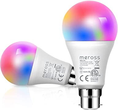 Alexa Light Bulbs WiFi Smart Bulbs B22 Bayonet [2 Pack] Dimmable Warm Light and Multicolor by Meross, Works with Echo Alexa Google Home, A19 810Lumens 60W, RGB Bulb 9W