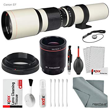 Super-Powered 500mm/1000mm f/8.0 Telephoto Lens (White) with 2X Professional Multiplier for Canon EOS Digital SLR Cameras and Deluxe Accessory Bundle with Xpix Cleaning Kit