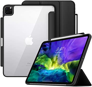 MoKo Case Fit iPad Pro 11 2nd Gen 2020 & 2018 with Apple Pencil Holder [Support Wireless Charging] Smart Shell Cover with Translucent Back Corner/Bumper Protector Case, Auto Wake/Sleep - Black