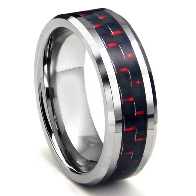 RED & BLACK Carbon Fiber Inlay 8MM Men's Tungsten Metal Ring